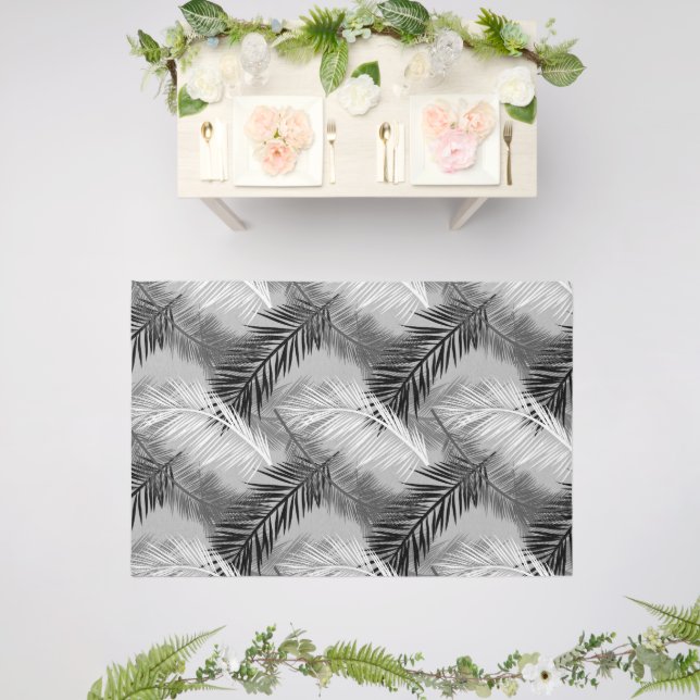 Palm Leaf Print, Grey / Gray, Black and White Outdoor Rug (Insitu (Wedding 2))