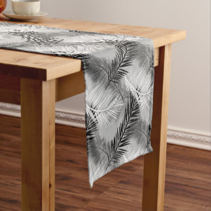 Palm Leaf Print, Grey / Gray, Black and White Short Table Runner