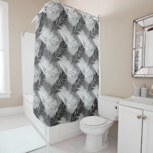 Palm Leaf Print, Grey / Gray, Black and White Shower Curtain