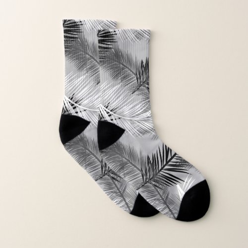 Palm Leaf Print Grey  Gray Black and White Socks