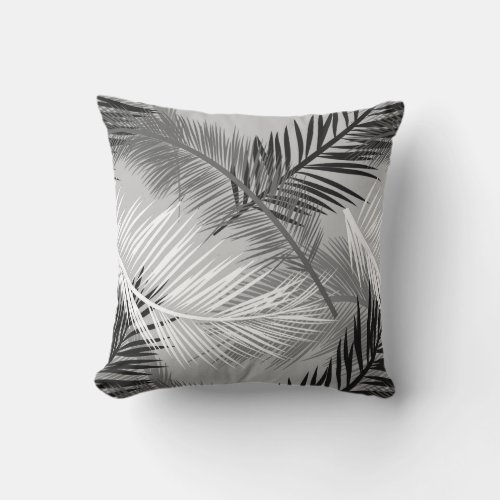 Palm Leaf Print Grey  Gray Black and White Throw Pillow