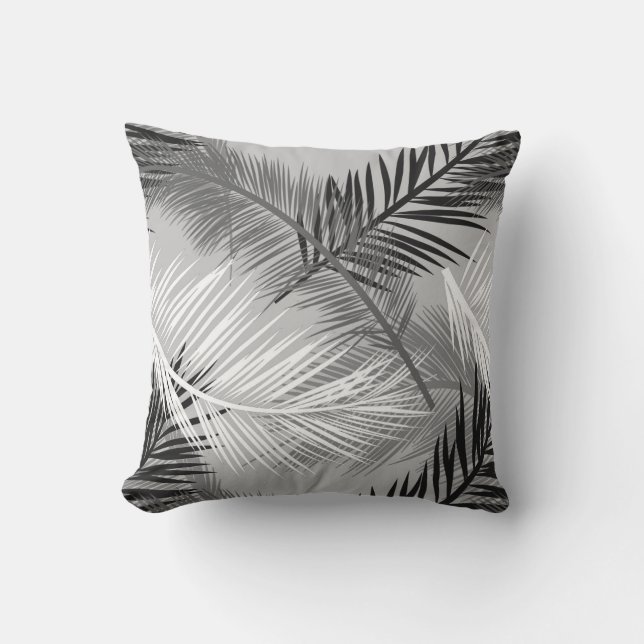 Palm Leaf Print, Grey / Gray, Black and White Throw Pillow (Front)