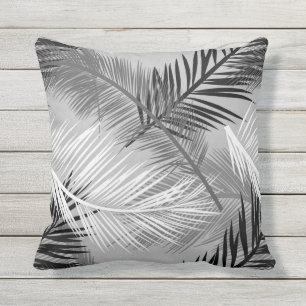 Palm Leaf Print, Grey / Gray, Black and White Throw Pillow
