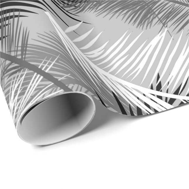 Palm Leaf Print, Grey / Gray, Black and White Wrapping Paper (Roll Corner)
