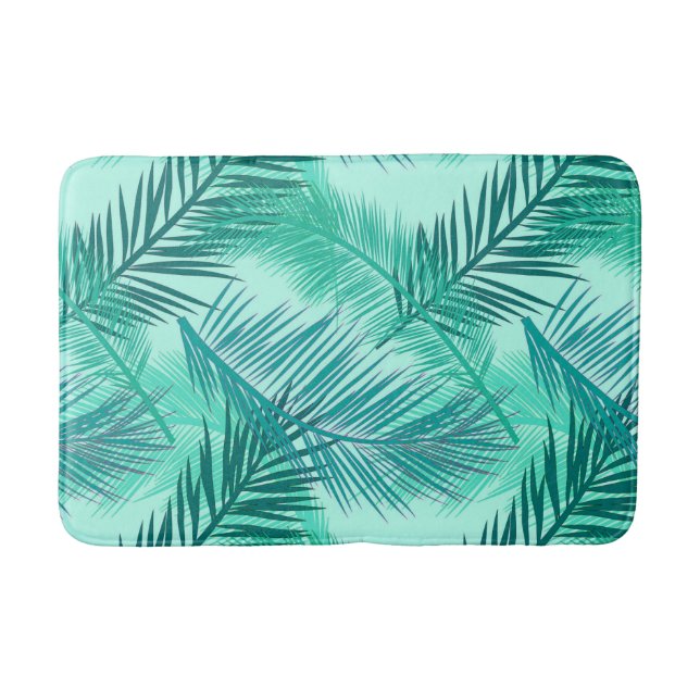 Palm Leaf Print, Turquoise, Teal and Aqua Bath Mat (Front)