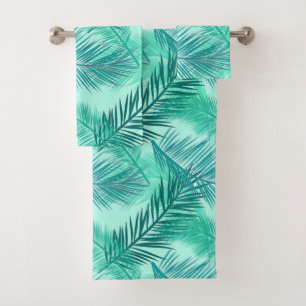 Palm Leaf Print, Turquoise, Teal and Aqua Bath Towel Set