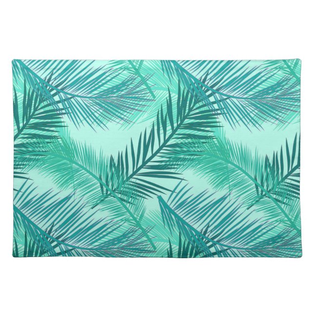 Palm Leaf Print, Turquoise, Teal and Aqua  Cloth Placemat (Front)