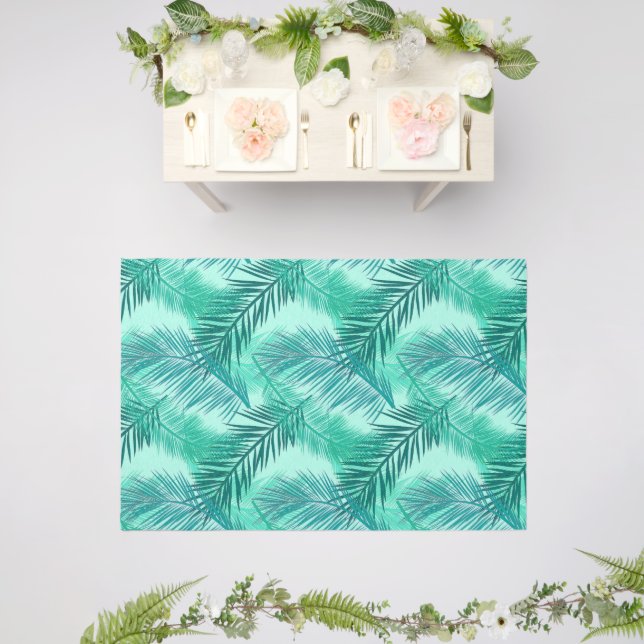 Palm Leaf Print, Turquoise, Teal and Aqua  Outdoor Rug (Insitu (Wedding 2))