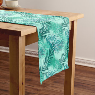 Palm Leaf Print, Turquoise, Teal and Aqua Short Table Runner