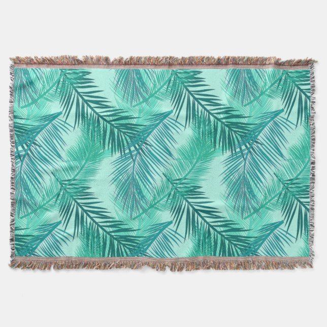 Palm Leaf Print, Turquoise, Teal and Light Aqua Throw Blanket (Front)