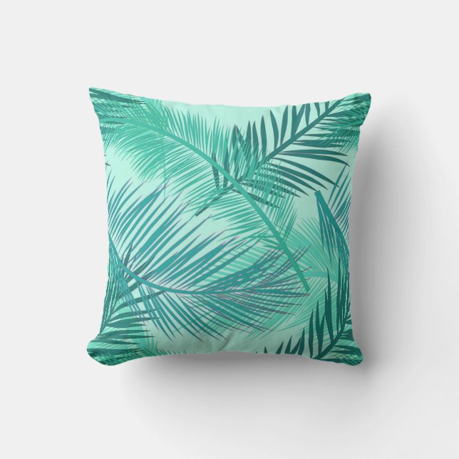 Palm Leaf Print, Turquoise, Teal and Light Aqua Throw Pillow (Front)