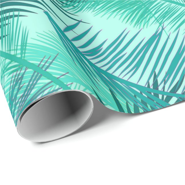 Palm Leaf Print, Turquoise, Teal and Light Aqua Wrapping Paper (Roll Corner)