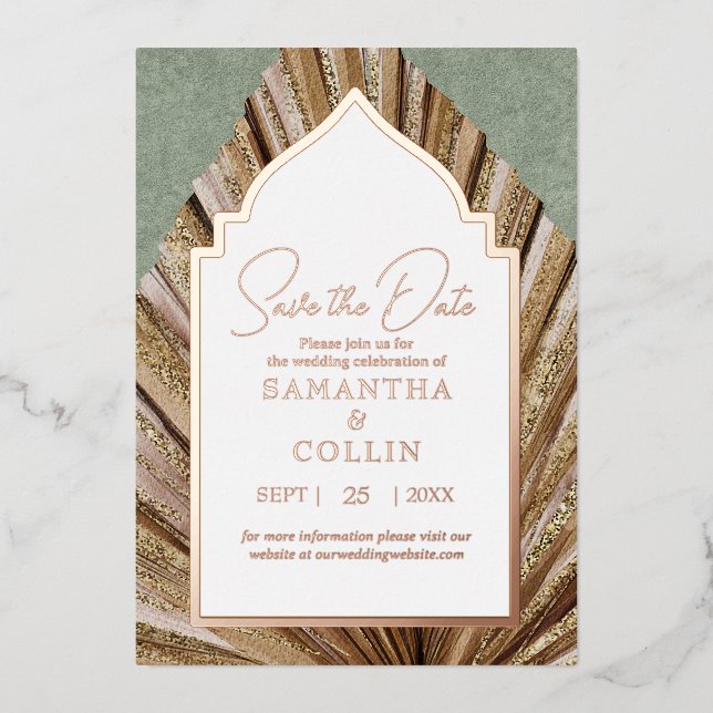 Palm Leaf Sage Green Save the Date Foil Invitation (Front)