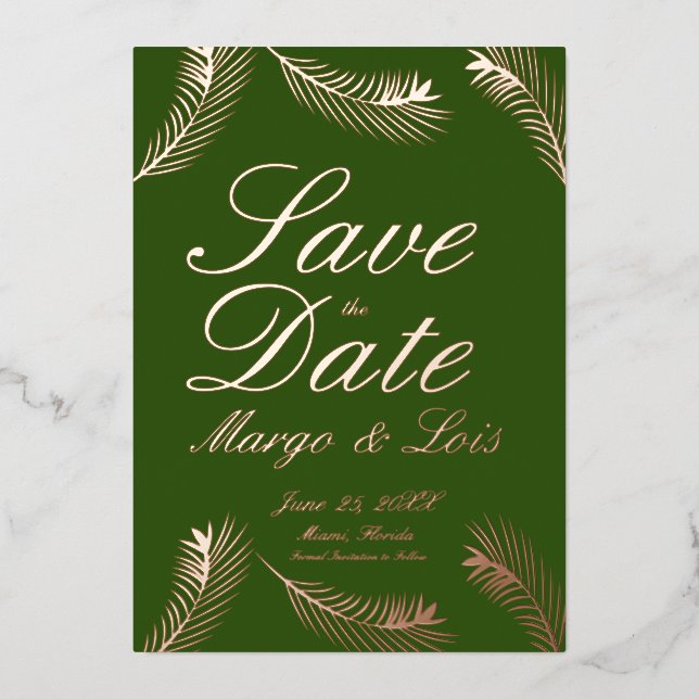 Palm Leaf Save the Date Green Gold Pressed  Foil Invitation (Front)