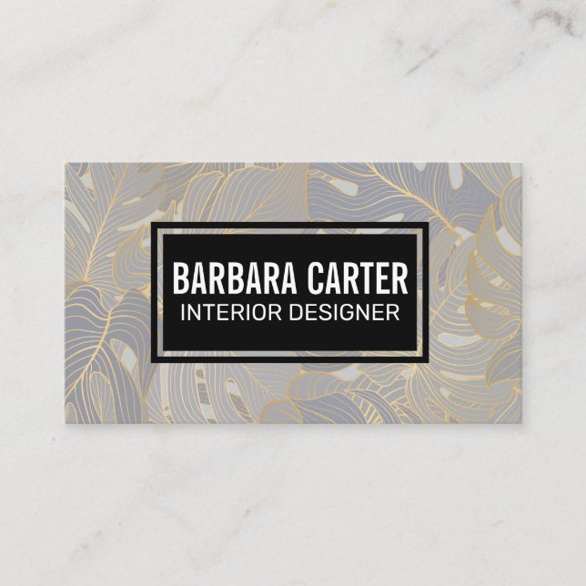 Palm Leaf Seamless Pattern | Gold Leaf Lines Business Card (Front)