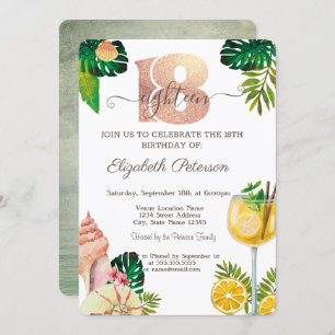 Palm Leaf Seashells Cocktail Summer 18th Birthday Invitation