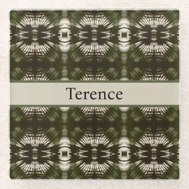 Palm Leaf Shadow Army Green, customizable Glass Coaster (Front)