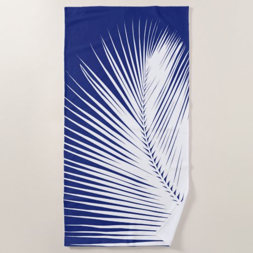 Palm Leaf Silhouette Navy Blue and White Beach Towel