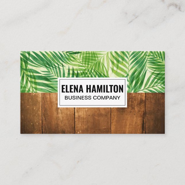 Palm Leaf Silver Wood Grain Business Card (Front)