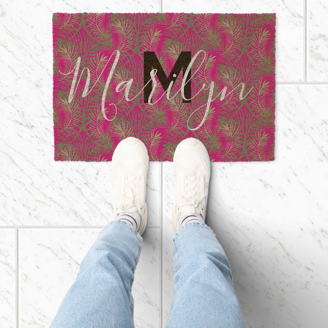 Palm Leaf Tree Pink Pattern Name Plants Fiber Doormat (Insitu)