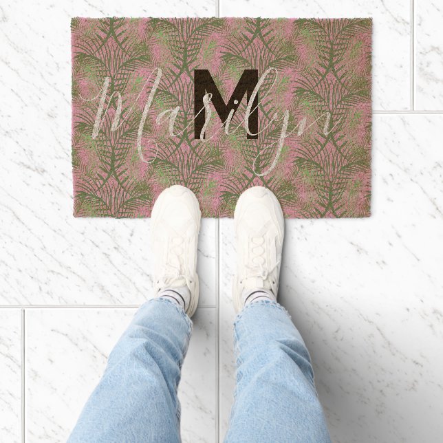 Palm Leaf Tree Pink Pattern Name Plants Fiber Doormat (Insitu)