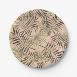 Palm leaf tropical coral pink gold monstera summer paper plates