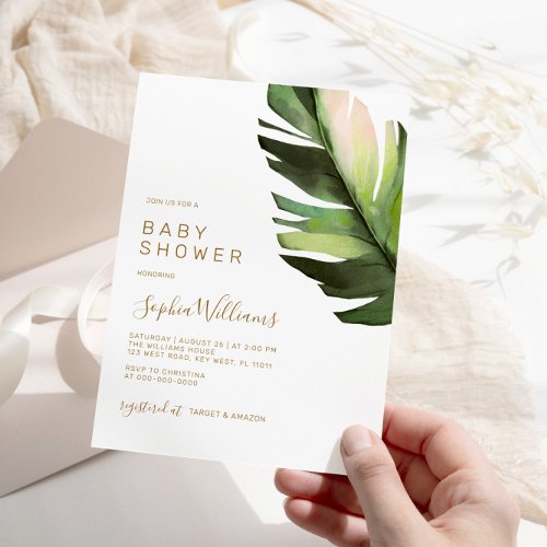 Palm Leaf Tropical Floral Modern Baby Shower Invitation