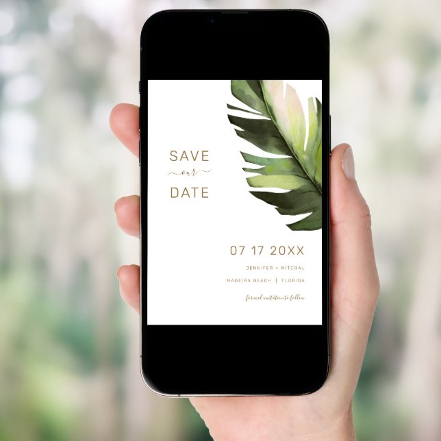 Palm Leaf Tropical Floral Save The Date Card (Front Digital)