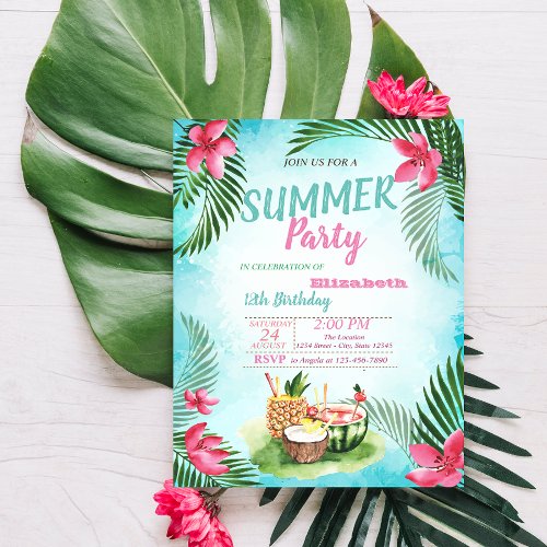 Palm LeafTropical FlowersFruits  Birthday Party Invitation