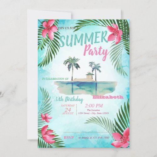 Palm LeafTropical FlowersIsland  Birthday Party Invitation