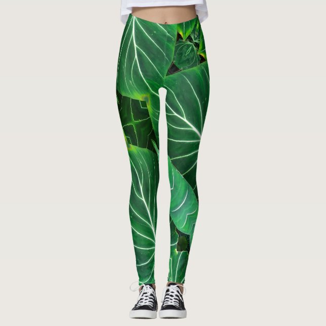 Palm Leaf, tropical foliage, jungle rainforest  Leggings (Front)