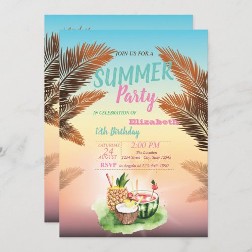 Palm LeafTropical Fruits  Birthday Party Invitation