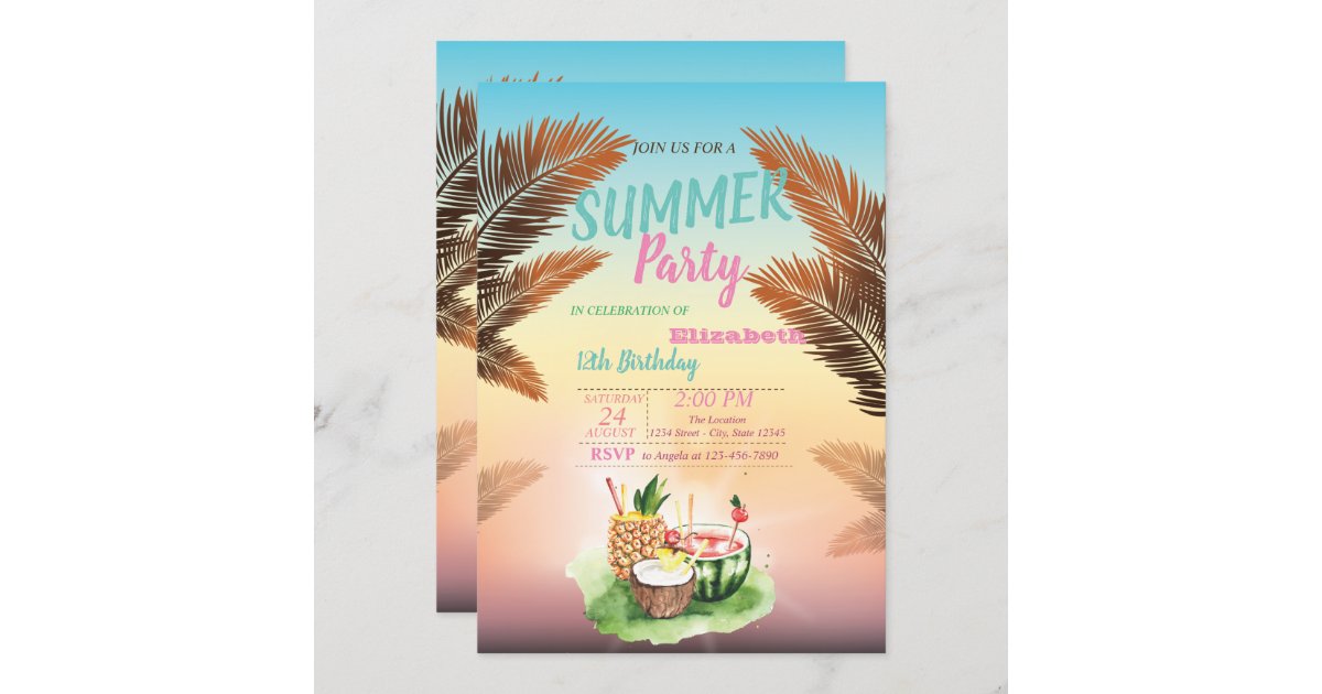Palm Leaf,Tropical Fruits Birthday Party Invitation | Zazzle