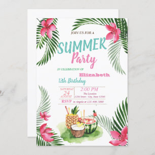 Palm Leaf,Tropical Fruits, Flowers Birthday Party Invitation