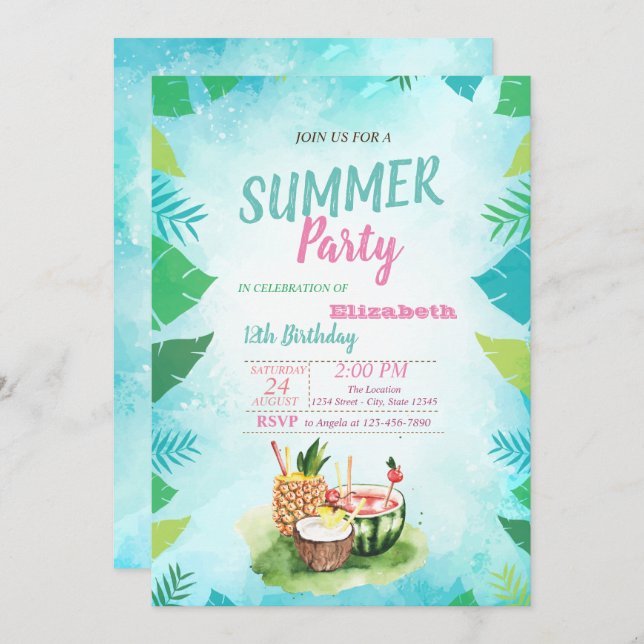 Palm Leaf,Tropical Fruits, Summer  Birthday Party Invitation (Front/Back)
