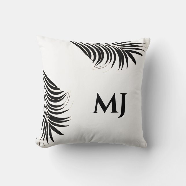 Palm Leaf Tropical Monogram Initials Black White Throw Pillow (Front)
