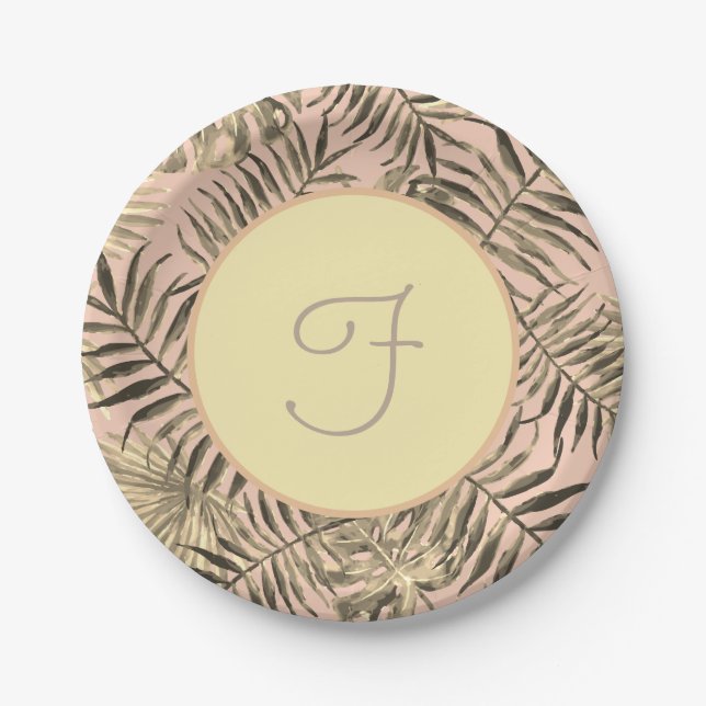 Palm leaf tropical peach and gold paper plates (Front)
