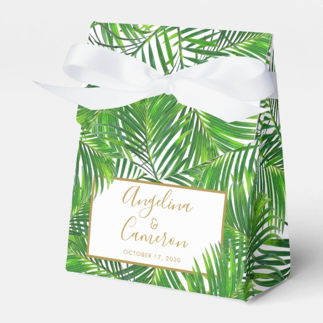 Palm Leaf Tropical Wedding Personalized Favor Boxes (Front Side)