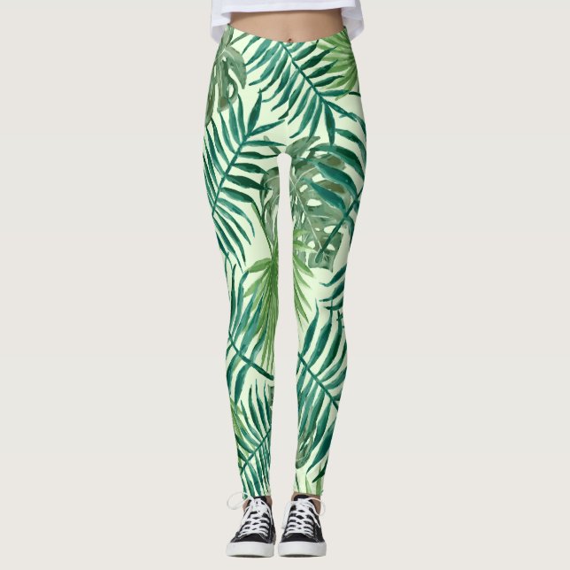 Palm leaf watercolor floral pattern leggings (Front)