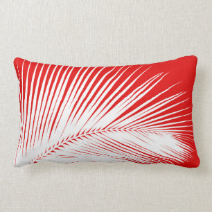 Palm leaf - white and dark coral red lumbar pillow