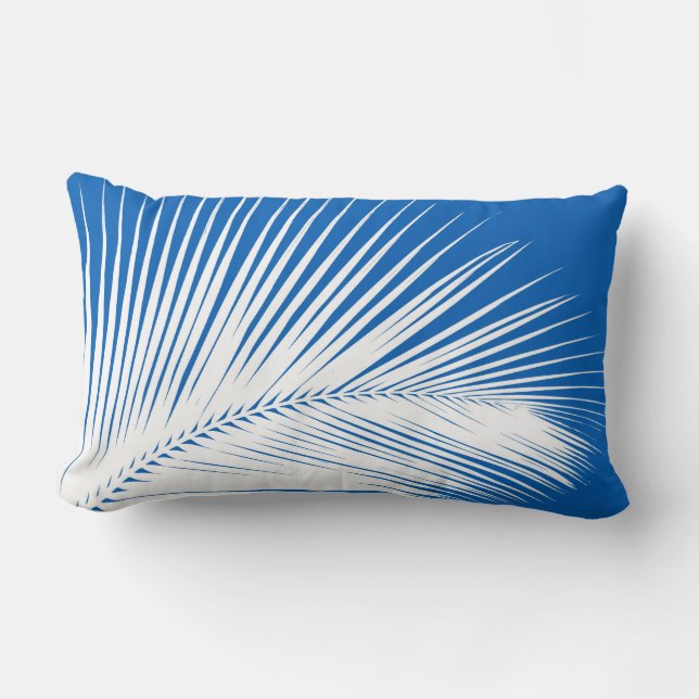 Palm leaf - white on cobalt blue lumbar pillow (Front)
