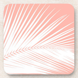 Palm leaf - white on coral pink drink coaster