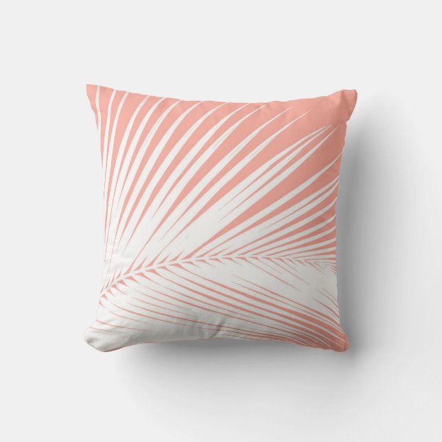 Palm leaf - white on coral pink throw pillow (Front)