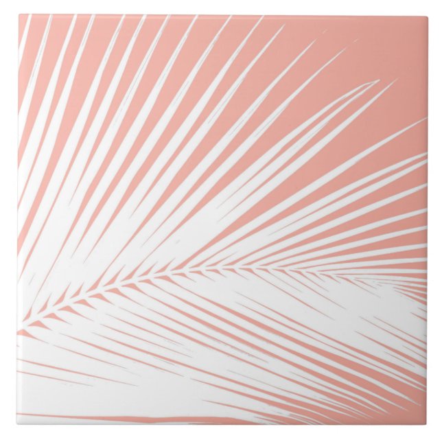 Palm leaf - white on coral pink tile (Front)
