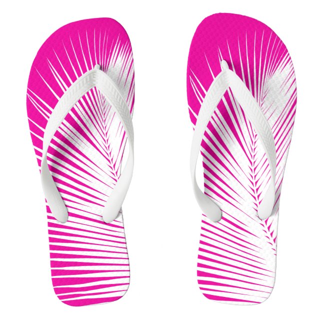 Palm leaf - white on fuchsia pink flip flops (Footbed)