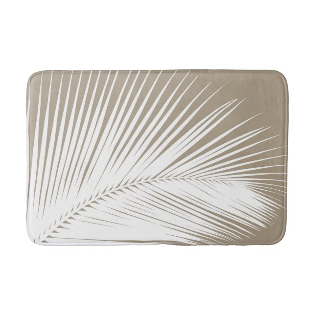 Palm leaf - white on taupe tan bathroom mat (Front)