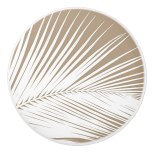 Palm leaf - white on taupe tan ceramic knob