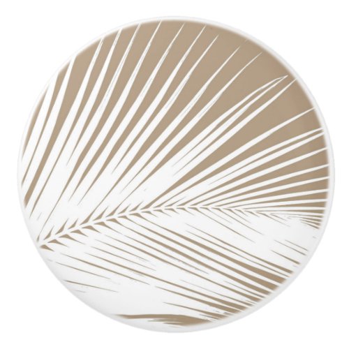 Palm leaf _ white on taupe tan ceramic knob