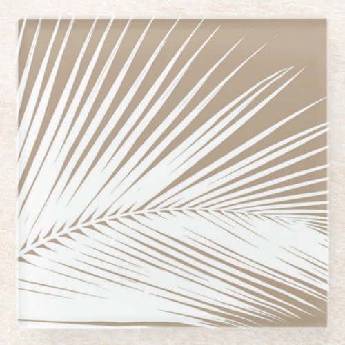 Palm leaf _ white on taupe tan glass coaster