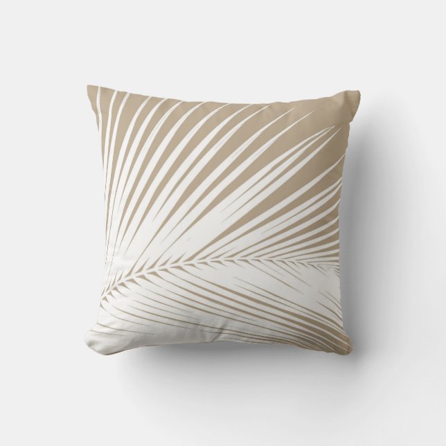 Palm leaf - white on taupe tan throw pillow (Front)